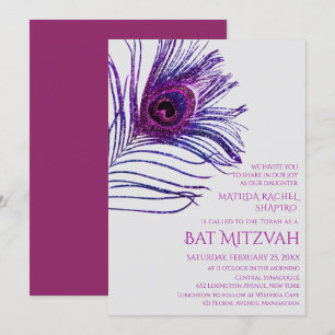 Peacock Feather Glitter Paars Bat Mitzvah Logo Kaart