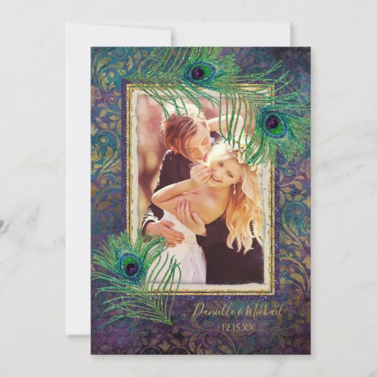 Peacock Feather Glitter Paarse Foto slaat Datum op Save The Date (Voorkant)
