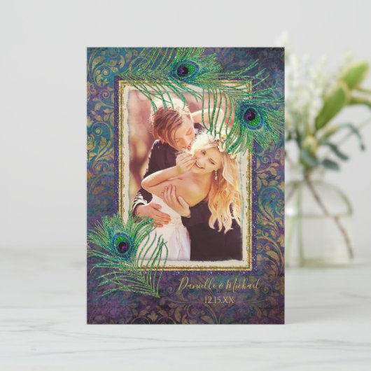 Peacock Feather Glitter Paarse Foto slaat Datum op Save The Date (Staand voorkant)