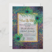 Peacock Feather Glitter Paarse Foto slaat Datum op Save The Date (Achterkant)