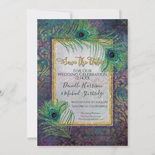 Peacock Feather Glitter Paarse Foto slaat Datum op Save The Date (Achterkant)