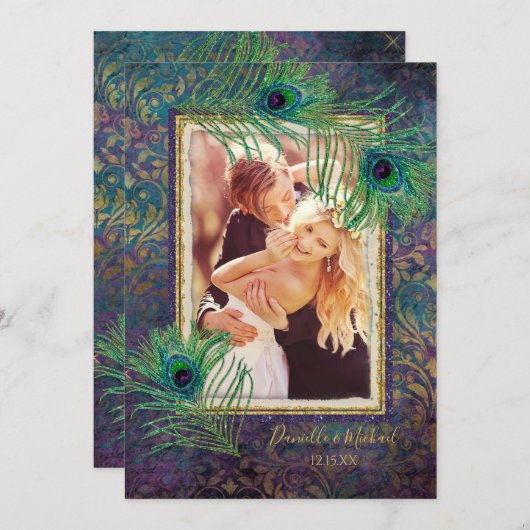 Peacock Feather Glitter Paarse Foto slaat Datum op Save The Date (Voorkant / Achterkant)