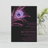 Peacock Feather Glitter Pink Bat Mitzvah Logo Kaart (Staand voorkant)