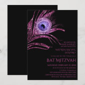 Peacock Feather Glitter Pink Bat Mitzvah Logo Kaart (Voorkant / Achterkant)