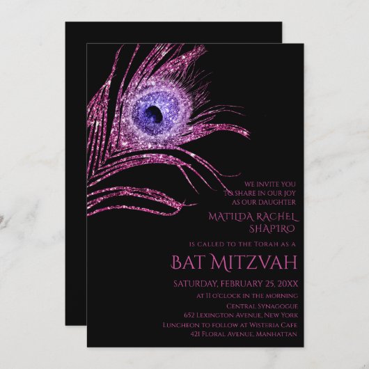 Peacock Feather Glitter Pink Bat Mitzvah Logo Kaart (Voorkant / Achterkant)
