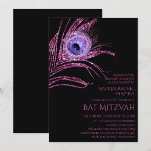 Peacock Feather Glitter Pink Bat Mitzvah Logo Kaart