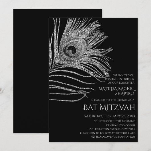 Peacock Feather Glitter Silver Bat Mitzvah Logo Kaart (Voorkant / Achterkant)