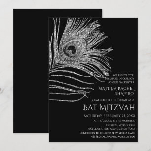 Peacock Feather Glitter Silver Bat Mitzvah Logo Kaart