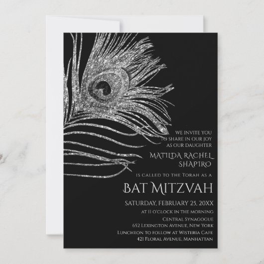 Peacock Feather Glitter Silver Bat Mitzvah Logo Kaart (Voorkant)
