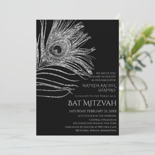 Peacock Feather Glitter Silver Bat Mitzvah Logo Kaart (Staand voorkant)