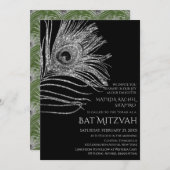 Peacock Feather Glitter Silver Bat Mitzvah Logo Kaart (Voorkant / Achterkant)