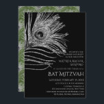 Peacock Feather Glitter Silver Bat Mitzvah Logo Kaart<br><div class="desc">Dit ontwerp is voorzien van een elegant zilveren glittervredesveer op een zwarte achtergrond met de onderstaande informatie over de uitnodiging van Bat Mitzvah. Personaliseer door de tekst in de tekstvakjes uit te geven. Voeg uw Collectieve Logo aan de rug van het ontwerp toe. Speciaal voor u ontworpen door Evco Studio...</div>