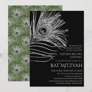Peacock Feather Glitter Silver Bat Mitzvah Logo Kaart