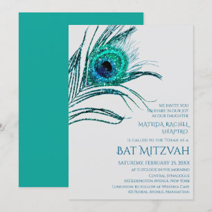 Peacock Feather Glitter Turquoise Bat Mitzvah Logo Kaart