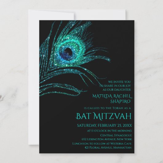 Peacock Feather Glitter Turquoise Bat Mitzvah Logo Kaart (Voorkant)