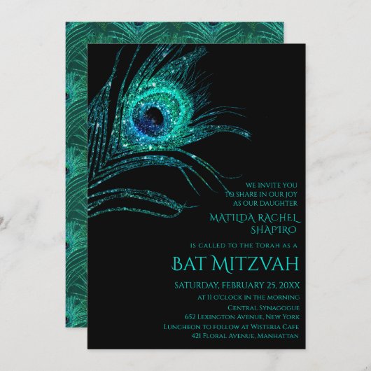 Peacock Feather Glitter Turquoise Bat Mitzvah Logo Kaart (Voorkant / Achterkant)