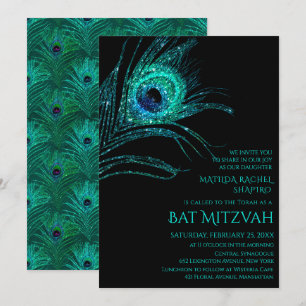 Peacock Feather Glitter Turquoise Bat Mitzvah Logo Kaart