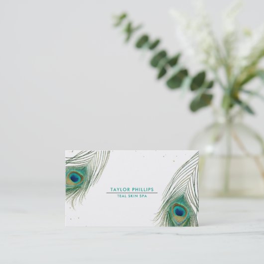 Peacock Feather Gold Dot Modern Boho Visitekaartje (Staand voorkant)
