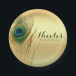 Peacock Feather Gold Exotic Boho Chic Custom Party Papieren Bordje<br><div class="desc">Peacock Feather Gold Exotic Boho Chic Custom Party Borden. Maak van de achtergrond een kleur. Overeenkomende objecten beschikbaar. Aanpassen met elke tekst.</div>