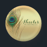 Peacock Feather Gold Exotic Boho Chic Custom Party Papieren Bordje<br><div class="desc">Peacock Feather Gold Exotic Boho Chic Custom Party Borden. Maak de achtergrond om het even welke kleur.
Overeenkomende objecten beschikbaar. Pas aan met om het even welke tekst.</div>