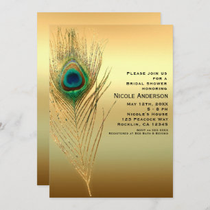 Peacock Feather Gold Exotic Boho Chic Invitations Kaart