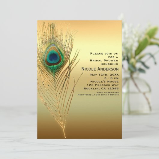 Peacock Feather Gold Exotic Boho Chic Uitnodiginge Kaart (Staand voorkant)