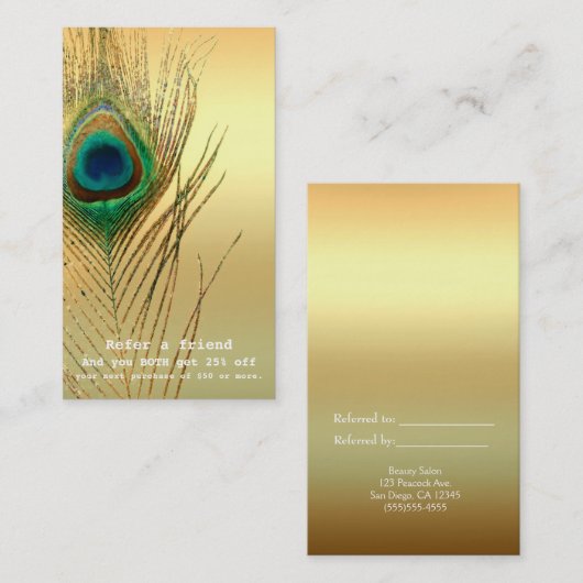 Peacock Feather Gold Exotic Boho Verwijs een vrien Aanbevelingskaartje (Voorkant / Achterkant)
