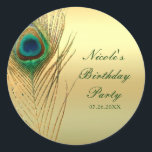 Peacock Feather Gold Exotische Boho Chic Custom Fa Ronde Sticker<br><div class="desc">Peacock Feather Gold Exotische Boho Chic Custom Favor Stickers. Aanpassen met elke gewenste tekst.</div>