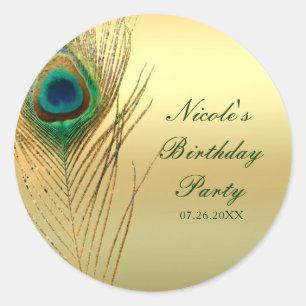 Peacock Feather Gold Exotische Boho Chic Custom Fa Ronde Sticker