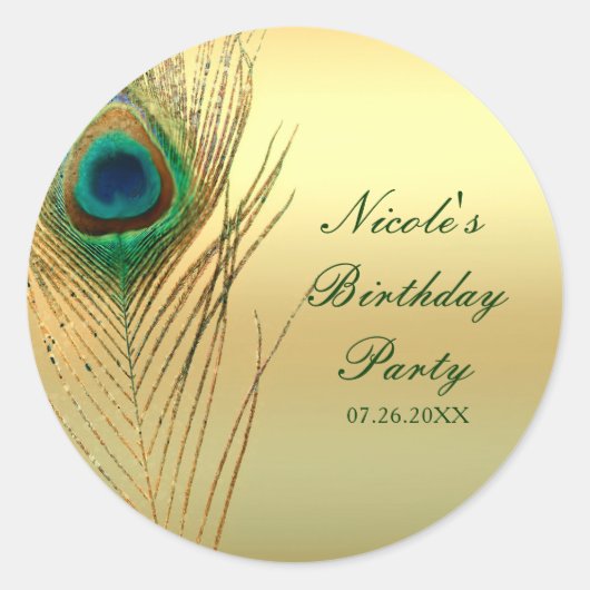 Peacock Feather Gold Exotische Boho Chic Custom Fa Ronde Sticker (Voorkant)