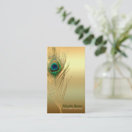 Peacock Feather Gold Exotische Boho Chic Custom Gl Visitekaartje (Staand voorkant)
