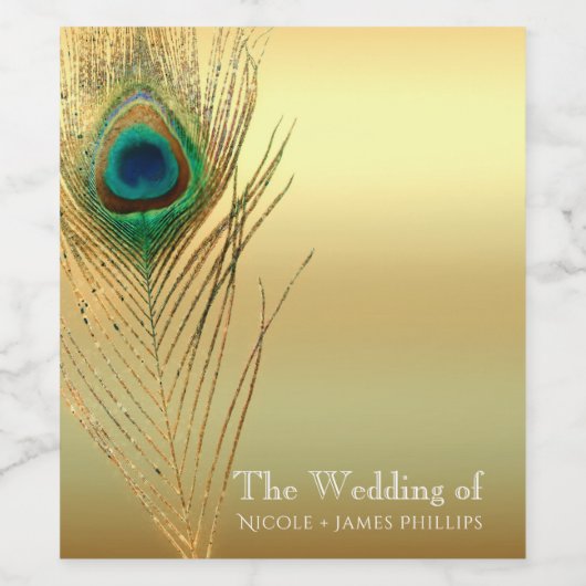 Peacock Feather Gold Exotische Boho Chique Wijn La Wijn Etiket (Enkel label)