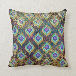 Peacock Feather Gold Foil Scrollwork IKAT Kussen