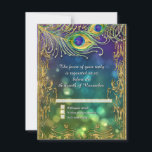 Peacock Feather Gold Glitter Jeweled Wedding RSVP Kaartje<br><div class="desc">Matching RSVP Response Kaart. Dit ontwerp is gemaakt met met de hand geverfde waterverf vredestroekveren voorzien van grafisch ontworpen diamantjuwelen (OPMERKING: dit is een platte gedrukte uitnodiging zonder echte juwelen, gouden glitter of metalen folie of inkt) boven een kleurrijke bokeh-mousse, twinkelende lichtachtergrond in diepe, rijke paarse, blauwe, aqua en groene....</div>