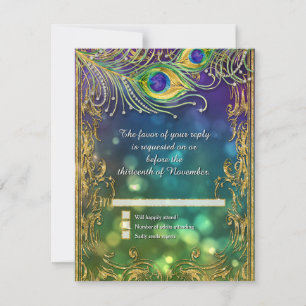 Peacock Feather Gold Glitter Jeweled Wedding RSVP Kaartje