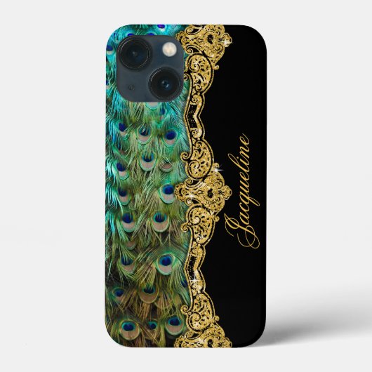 Peacock Feather Gold Glitter Script Name Case-Mate iPhone Case (Achterkant)