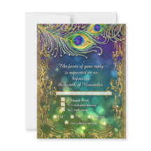 Peacock Feather Gold Glitter Wedding Menu RSVP