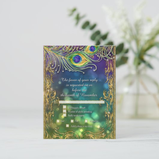 Peacock Feather Gold Glitter Wedding Menu RSVP (Staand voorkant)