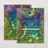 Peacock Feather Gold Glitter Wedding Menu RSVP (Voorkant / Achterkant)