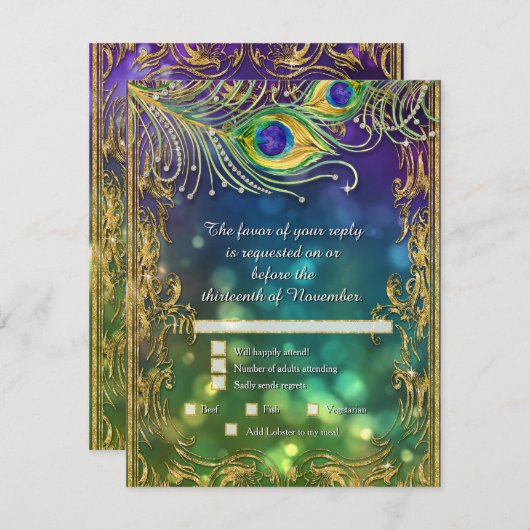 Peacock Feather Gold Glitter Wedding Menu RSVP (Voorkant / Achterkant)