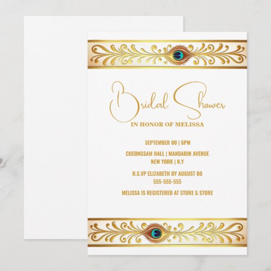 Peacock feather gouden band minimalistisch elegant kaart (Voorkant / Achterkant)