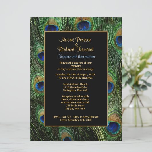 Peacock Feather Green 6,5" x 8 bruiloft uitnodigin Kaart (Staand voorkant)