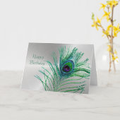 Peacock Feather Green Glitter Zilveren Verjaardag Kaart (Gele Bloem)