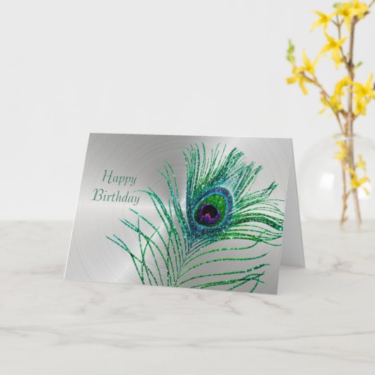 Peacock Feather Green Glitter Zilveren Verjaardag Kaart (Gele Bloem)