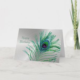 Peacock Feather Green Glitter Zilveren Verjaardag Kaart