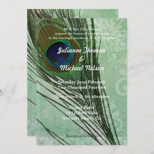 Peacock Feather Green Wedding Kaart (Voorkant / Achterkant)