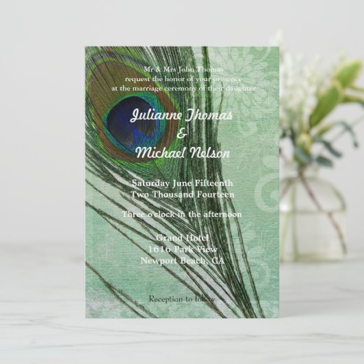 Peacock Feather Green Wedding Kaart (Staand voorkant)