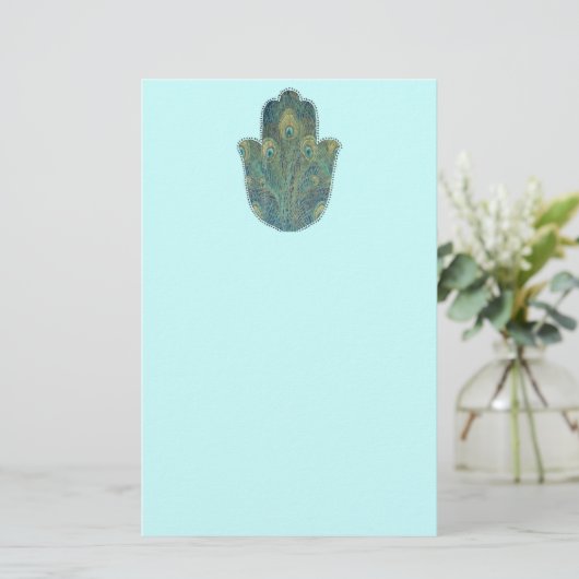 Peacock Feather Hamsa Briefpapier (Staand voorkant)