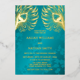 Peacock Feather Jewel Tone Gold Wedding Folie Uitnodiging