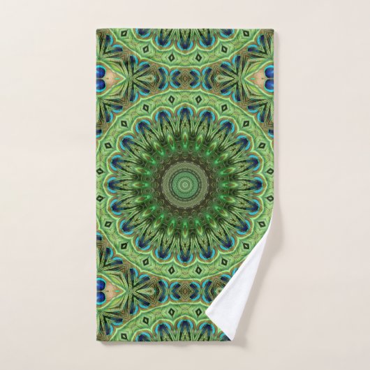 Peacock Feather Mandala Emerald en Blue Symmetry Bad Handdoek (Handdoek)